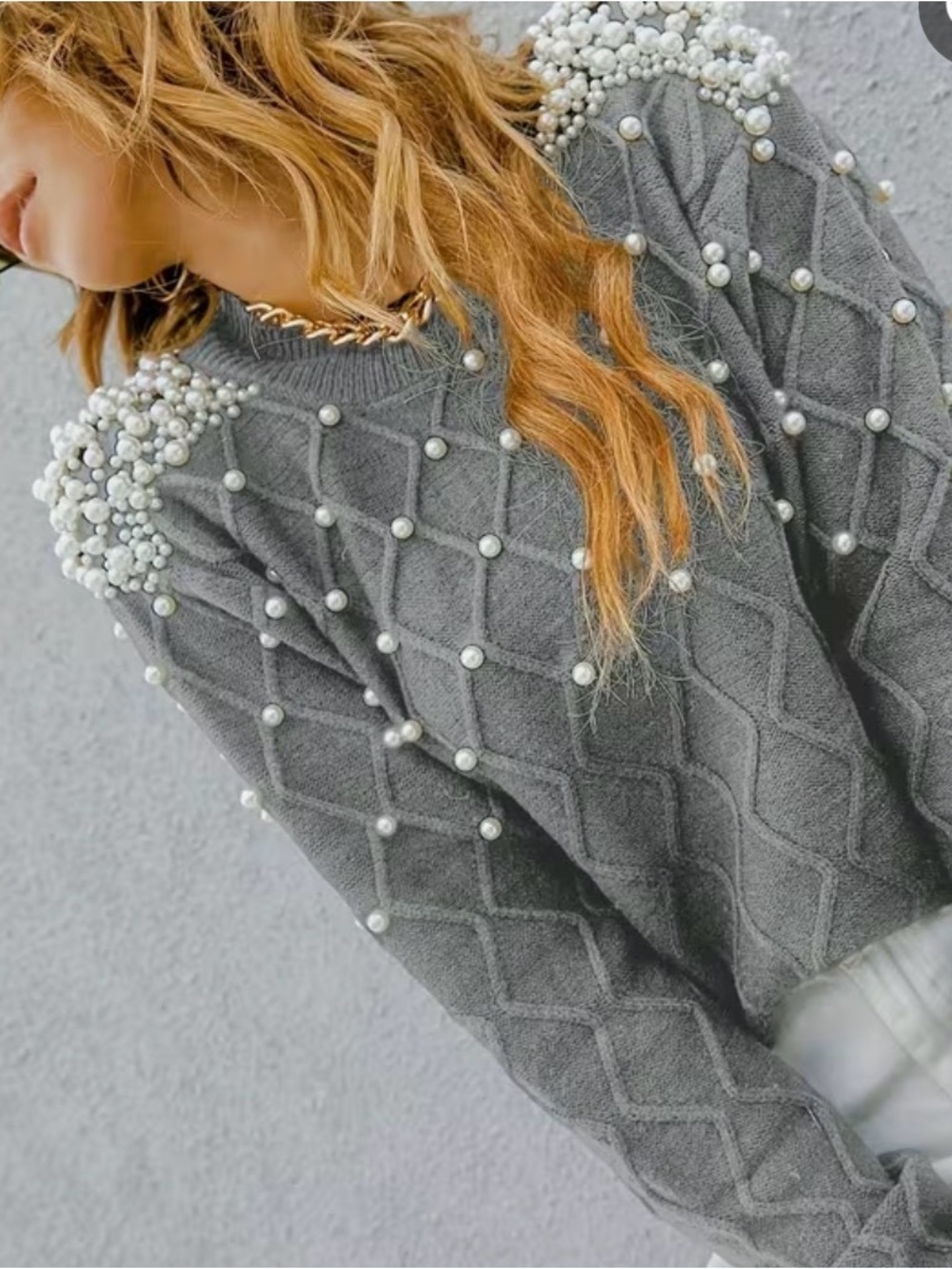 Pearl-Embellished Gray Women's Sweater